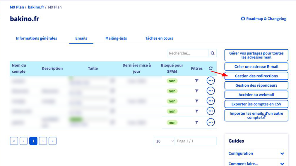 Interface OVH - Gestion des redirections mail