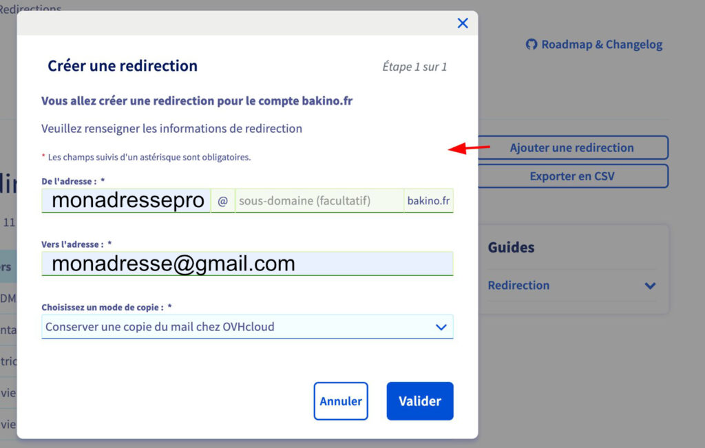 Interface OVH Création d'une redirection e-mail vers Gmail